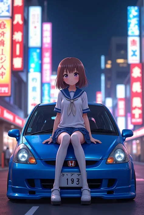 Cute Adult anime girl Dressed in a school uniform with white stockings sitting on the hood  of blue 2003 Honda fit with mody kit mugen with Japanese license plate 07kg757 against the background of night Tokyo neon signs