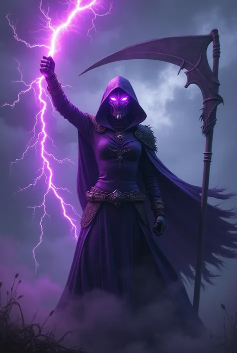  scythe in the background　Woman wearing a glowing mask waving a purple lightning bolt 