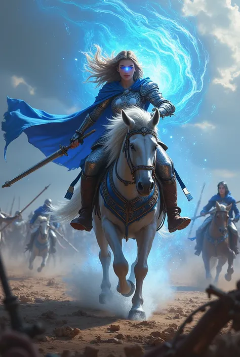 A beautiful and fierce warrior with a piercing blue eye ,  surrounded by filaments of blue magic rides at full gallop in the middle of a battlefield. Epic fantasy style .