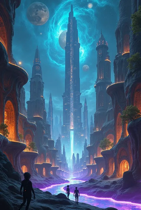 Create a captivating and avant-garde piece of art that blends surrealism with futuristic elements. The central focus should be a mystical cityscape, where towering skyscrapers made of crystal and bioluminescent materials stretch towards a sky filled with s...