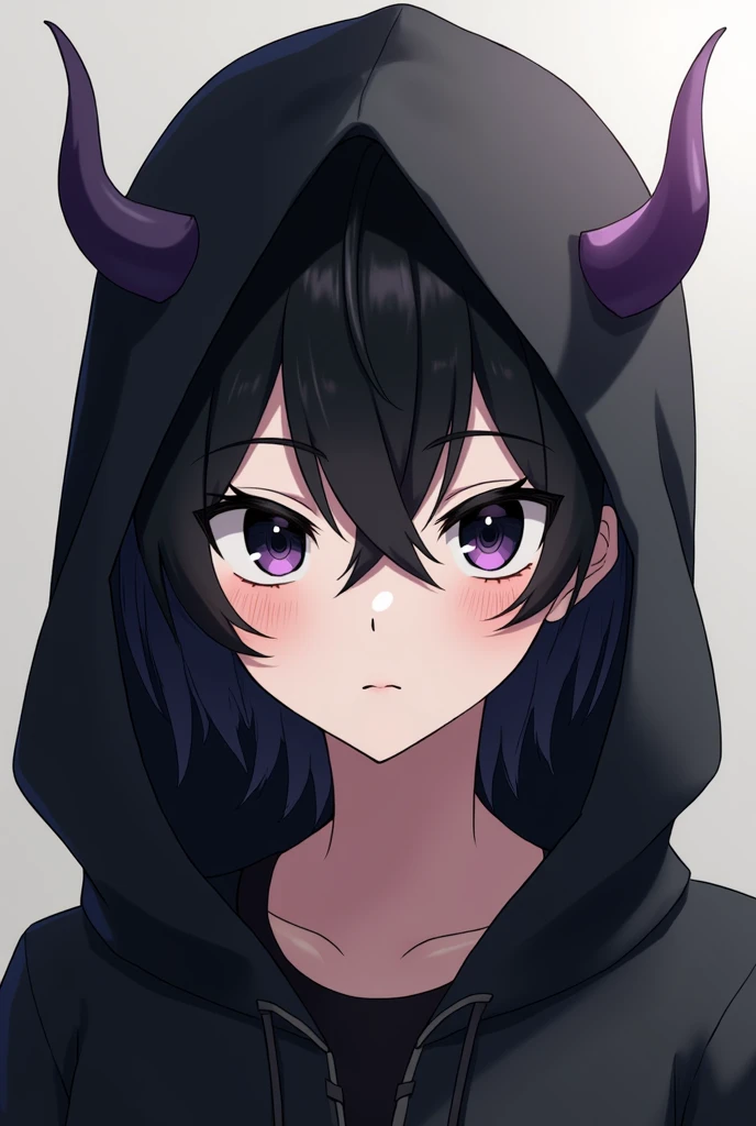 Anime boy black eyes black hair and small purple horns in black hoodie, sorindo