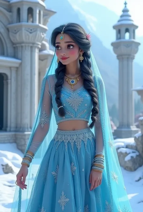 " An Indian version of Elsa from Frozen ,  represented as an Indian princess .
 She has long, dark hair with blue reflections ,  makeup braided in a traditional style with jasmine flowers decorating the braid .  Her skin has a bright tan tone ,  and their ...