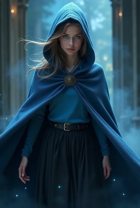  a young female wizard ,  taking off her hood from the cloak of invisibility,  light brown hair , blue eyes, blue top and black skirt . 8k, realism.  realistic photo . 