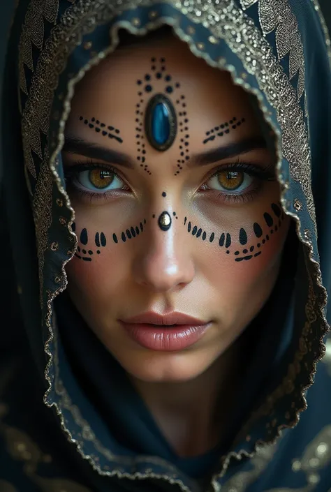 professional photograph, a stunning photo of a woman with aztech
tribal markings on face and an incredibly detailed veil,
perfect symmetric eyes, studio lighting, viral, 1DX Mark III,
Canon EF 85mm f/1.4 L IS USM Lense, shutter speed 1/125,
aperture f/11.0...