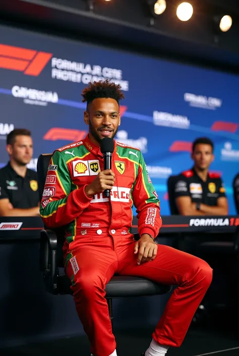  Neymar Jr. at the pre-race press conference
"Neymar Jr. is sitting on a press conference stage, wearing Formula 1 overalls in Brazilian colors. He holds a microphone, smiling as he answers questions with charisma. Driving is like playing ball: strategy, s...