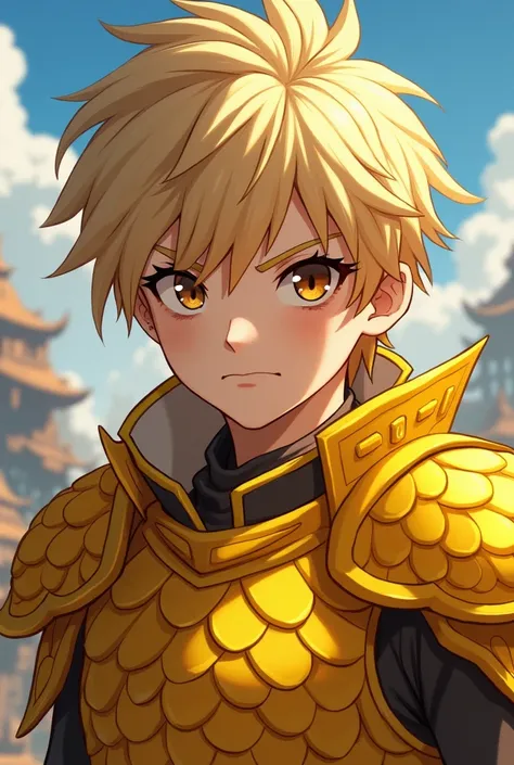 nime boy with,blond hair,brown eyes  he wears yellow armor made of dragon scales