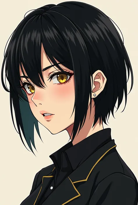 An anime girl with black hair, manly cut and golden eyes in 2d