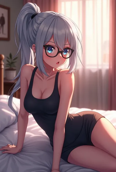  a female anime character, Silver Haired ,  Hair Model Pony Tail , wearing glasses,  Sportswear , in the room, on the bed, berpose sexy,  Face Shame Shame 