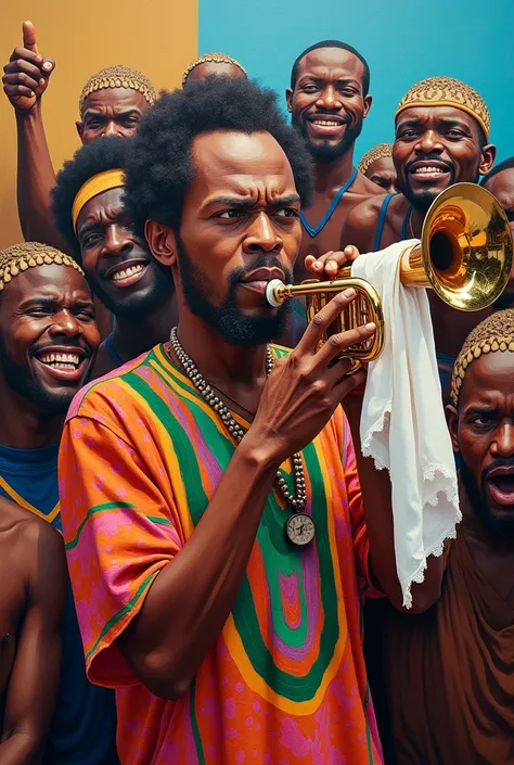 Painting of a figure with an evil emoji blowing a trumpet and also having a white handkerchief in his hands, this image symbolizes Victor Olaiya the highlife pioneer musician in Nigeria.. in the background incorporate cavemen, Nigerian musicians being the ...