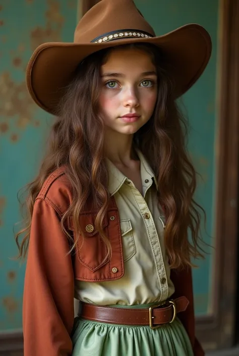  A twenty-year-old young wizard,  Brown Hair ,  cowboy hat , cropped rosa de couro, light green silk skirt , beautiful eyes..  realistic photo . 