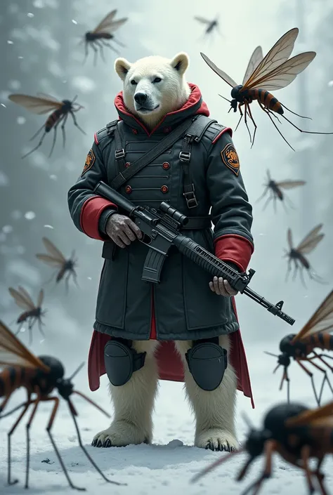 Large mosquitoes fighting their enemies :  Polar bear wearing a black red military suit along with its ally bat in black military suit both with rifles.