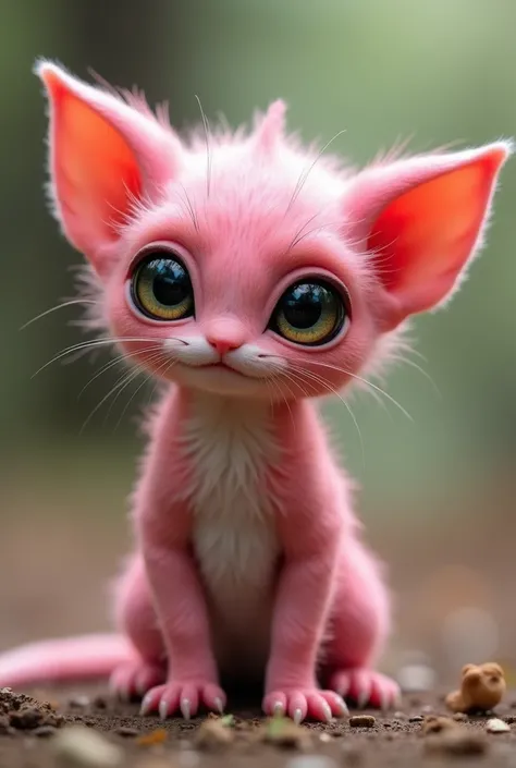 small, pink, , a furry alien with big eyes and sharp ears. hes kind,  is a curious and slightly clumsy . Speaks an incomprehensible language,  who speaks a strange language, but uses gestures and facial expressions to communicate .