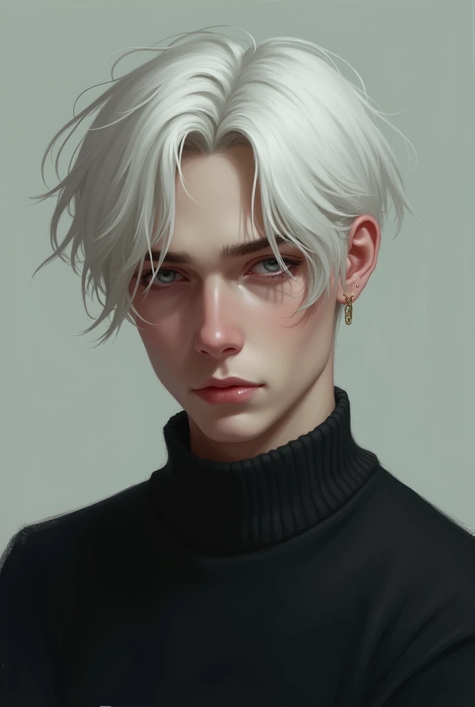 A guy in his 20s with white hair, grey eyes, medium build, wearing a black sweater 