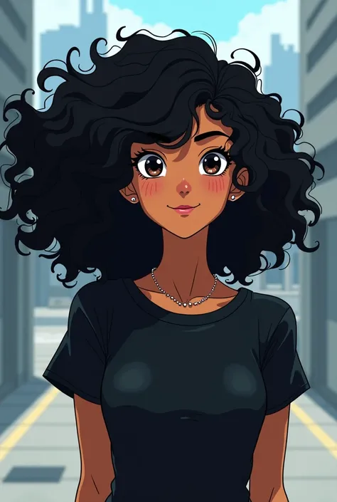  create an anime-style 90s image of a curly-haired woman  (27 years old)  with curly bangs too , Her hair is voluminous and black .  her skin is a bit brown and she is wearing a black t-shirt with a half smile on her face. The background may be something t...