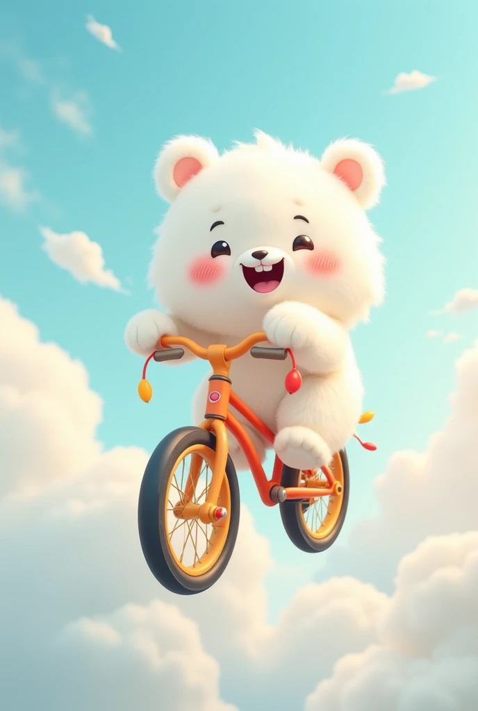 Cute white smiling bear flying on bike