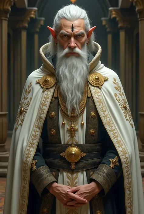 Pale white skin, male, elf, long , withe gold and black robes, high detailed robe, priest, guru, ultra detailed, short hair, older male,  long beard, tribal markings, prophet, chantry theme, spiritual leader, royal appearance good looking, golden eyes, ori...