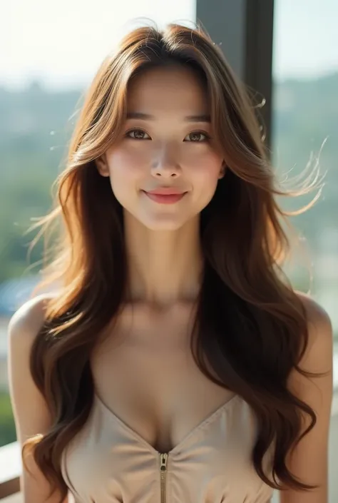  High Quality ，8K Ultra HD， A fresh and natural scene ，Beautiful Asian woman with long brown hair on a modern balcony with naturally flowing, supple hair， The hair has a healthy luster in the sun 。  The whole picture should be soft and light ， highlights t...