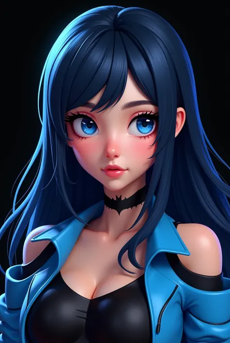 painel estilo miraculous ladybug 2d/3d black background

A girl with blue hair with black highlights big and straight hair , Bright Blue Eyes ,  half-large mouth , fair skin and slightly rosy cheeks personality kind of rude ,  half Chinese and half French ...