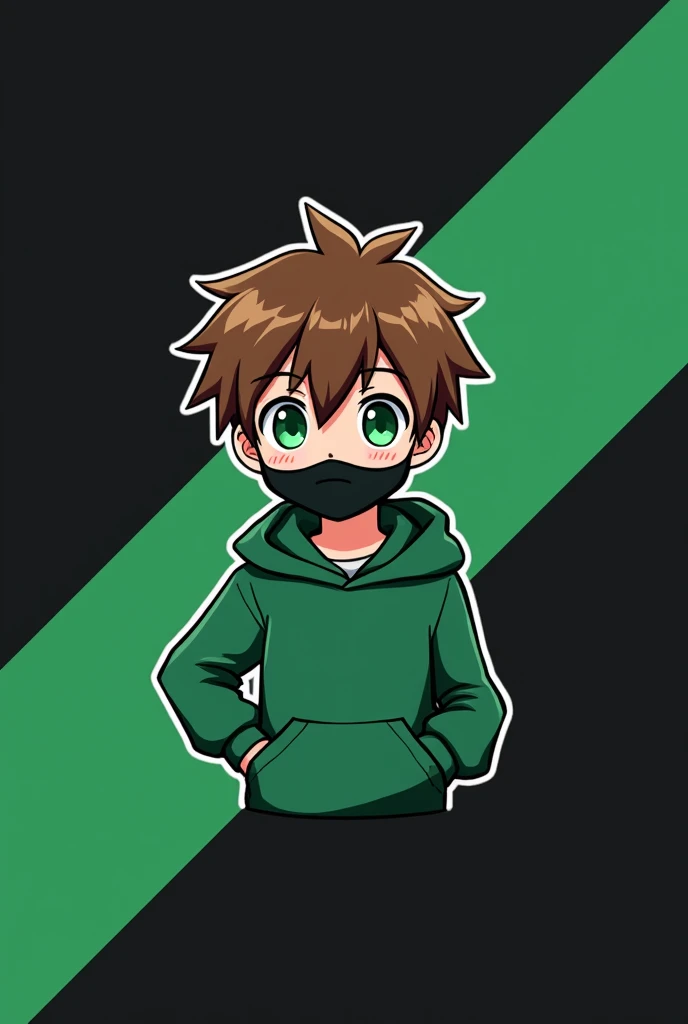 A logo for the YouTube channel of an anime boy wearing a green sweatshirt and brown hair, green eyes and a black mask on a background interspersed diagonally between dark green and light green and black