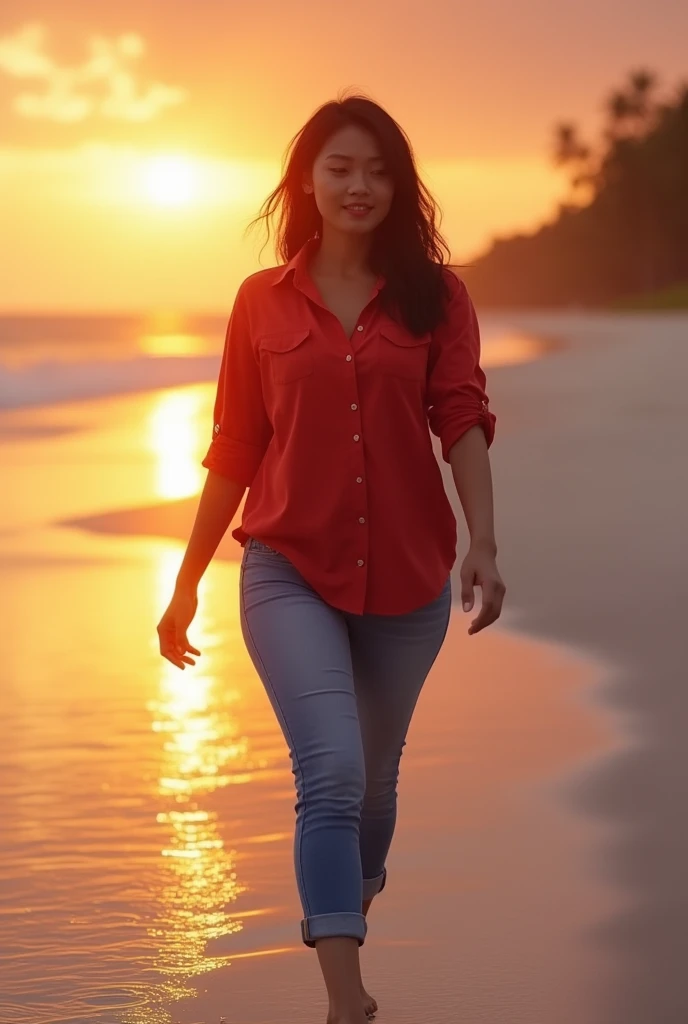 
(photorealism:1.2), an Indonesian woman with beautiful face facing the front of her young fat body in red shirt dress jeans is walking on the street by the white sand beach at sunset tengelam.looks natural .Contras ultra HD .