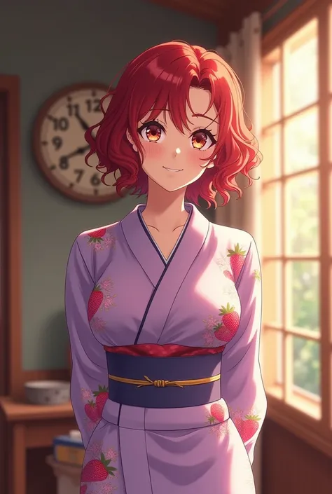  Generate Beautiful girl with curly red hair , with tired eyes color amethyst , and voluptuous body, dressed in a pastel purple kimono printed with strawberries((best quality)), ((masterpiece)), (detailed), (1girl), housewife, big breast, blue-silver Chin-...