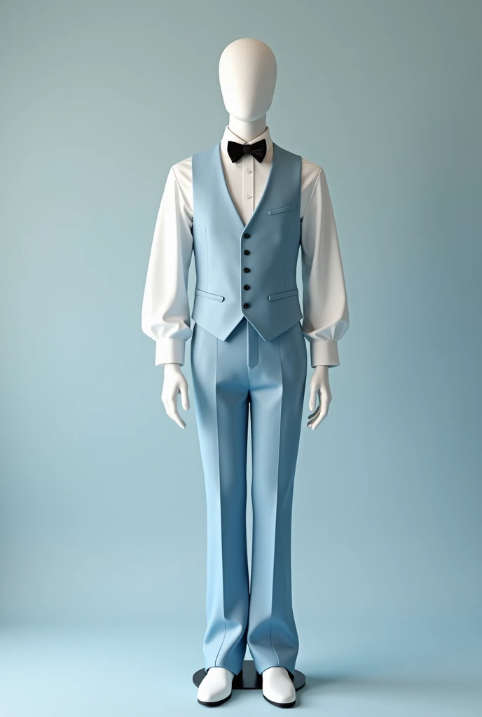        I need you to create a male mannequin that wears a white shirt closed at the waist and that the sleeves of the shirt are a little loose but falling towards the shoulders towards the hand and with a formal dress vest of a cold light blue color in mat...