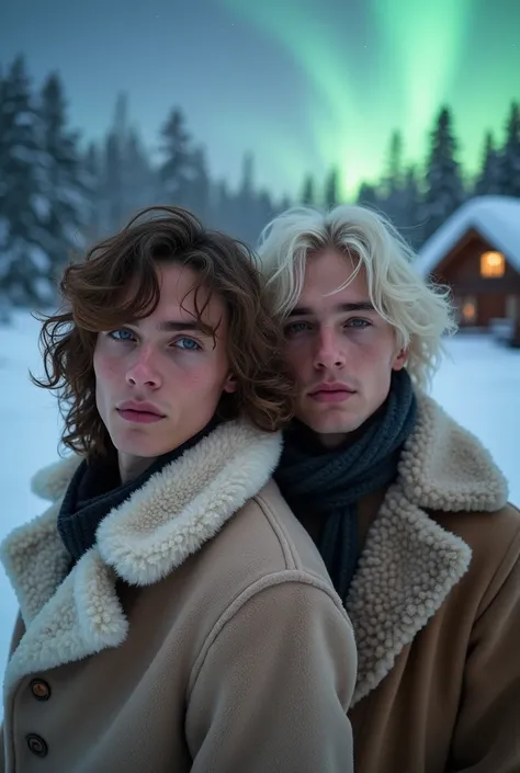 The image shows two attractive men with one with hair and the other wavy,  one with long wavy brown hair and the other with platinum blonde hair .  Both have piercing blue eyes and wear fur coats .  The young man on the left wears a sheepskin coat ,  while...