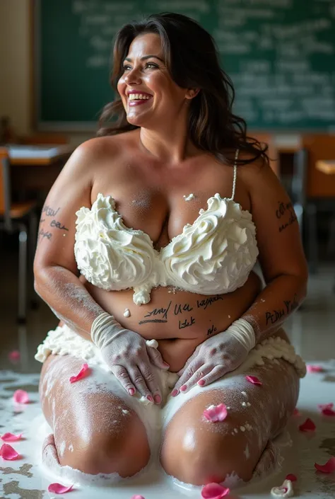 Mature blonde busty curvy naughty  satisfied female sits on the floor in the classroom. 45 years old. Wrinkles on the face and on the body. Some whipped cream is on her face and on her lips and on her body  and on her hair and on her clothes. Her mouth is ...