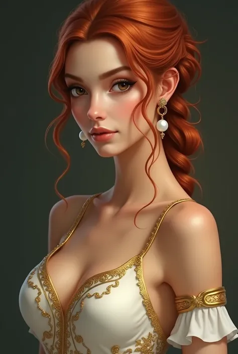 female,brown eyes,tan skin,red hair tied in a updo braid,white and golden sleeveless dress with patterns, two white sleeves, and a golden bracelet with a white pearl on her upper arm