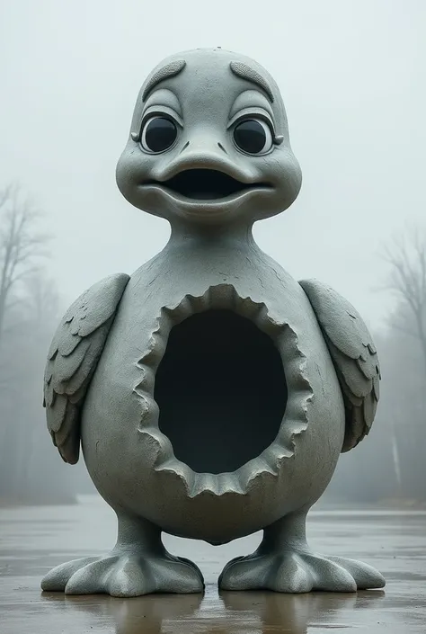 A huge grey stone statue off a crying duckling with a huge hole in its chest 