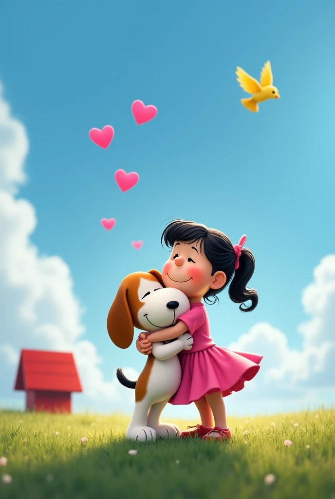 Lucy in a pink dress hugging Snoopy,  on a blue background as if it were the sky and with the ground like grass with yellow the bird flying above them and hearts floating and Snoopys red house on the side 