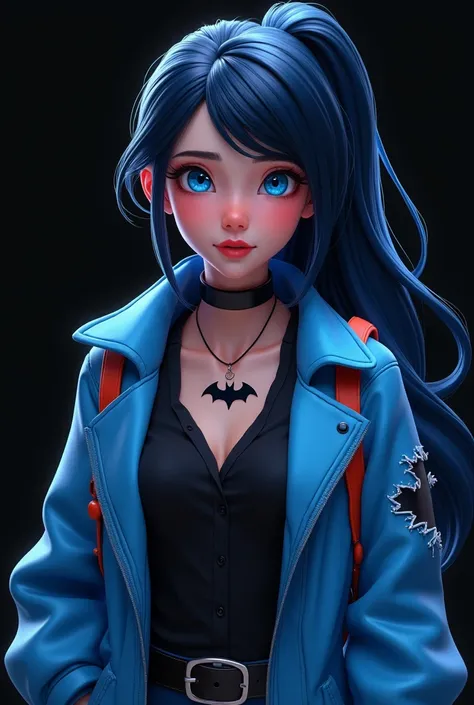 painel estilo miraculous ladybug 2d/3d black background . 

 A girl with blue hair with black highlights long and straight hair , Bright Blue Eyes ,  half-large mouth , fair skin and slightly rosy cheeks personality kind of rude ,  half Chinese and half Fr...