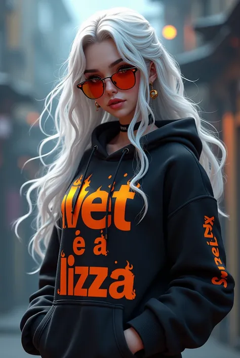  Female gamer-style character Free Fire ,  with black sweatshirt with fire flames written É A LIZZA,  loose and large white hair , with glasses, With a haze background  