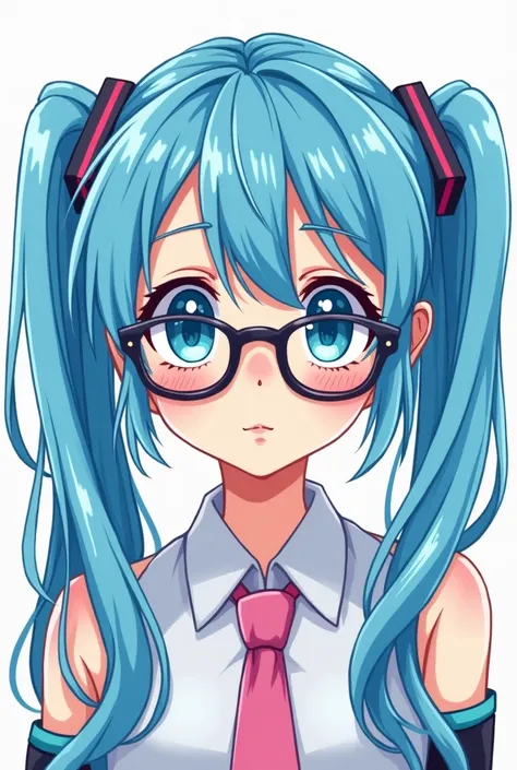  cartoon drawing of a woman with blue hair and glasses, Portrait of Hatsune Miku,  colored sketch anime manga panel ,  schematic art style ,   pink hair with twin tails and cyan eyes  ,  sad cerulean eyes ,  pastel artwork , Shaded flat anime style, sai pa...