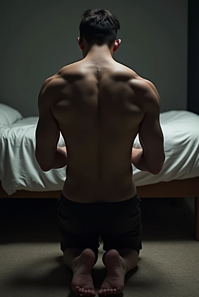 Make a shirtless muscular boy ,Kneeling on the floor NEXT TO your bed, praying.
he is facing away in the picture.
The environment is dark .
 Your bed is tidy with white sheets.