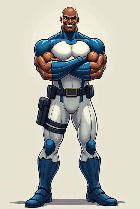 Create an image of a black bald fit superhero who wears a sleeveless white suit, blue around the shoulders and traps, up to his neck, blue boots, and utility belt, and blue arm guards and domino mask, with his arms crossed over each other, wearing a smirk