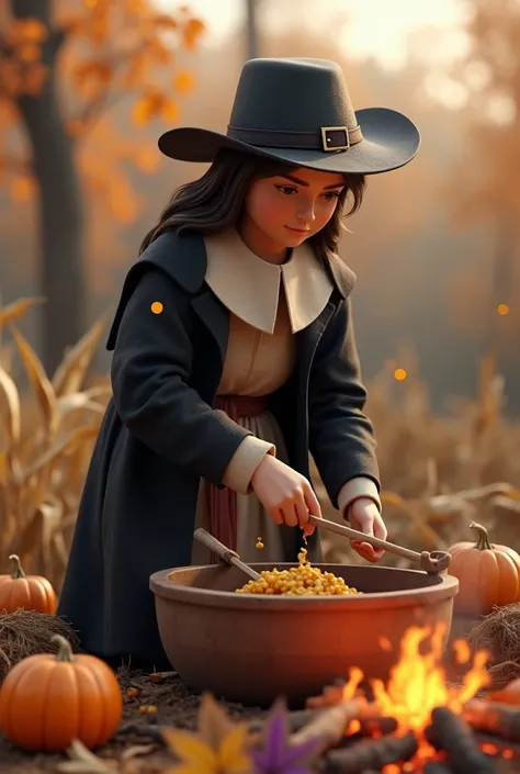 A realistic 3D render of a pilgrim engaged in traditional activities from the 17th century, such as harvesting crops or preparing food outdoors. The pilgrim, wearing traditional attire with a black coat, white collar, and hat, is seen working in a field or...