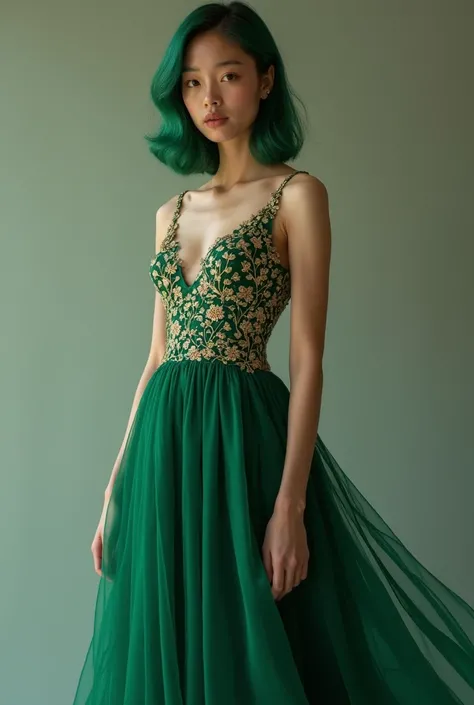 Robe de mariée vert amande avec légères broderies fines dorées sur le haut uniquement qui représente de fines fleurs et lianes, monte jusquau cou, ouverture pour une jambe et pas de manche ni de tissus sur les épaules  sur une femme aux cheveux verts émera...