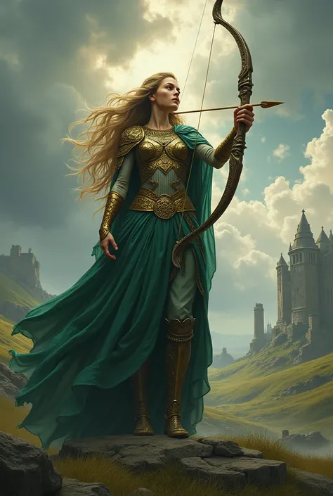 RPG powerful Celtic warrior goddess raising a bow and arrow to the sky.