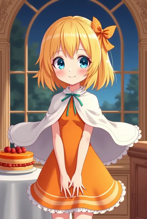 A cartoon of girl,master piece,high quality,yellow hair,blue eyes,kagamine rin,orange dress,white cape,in  room of castle, ((orange cake)),(((cake on table))),smile,night,