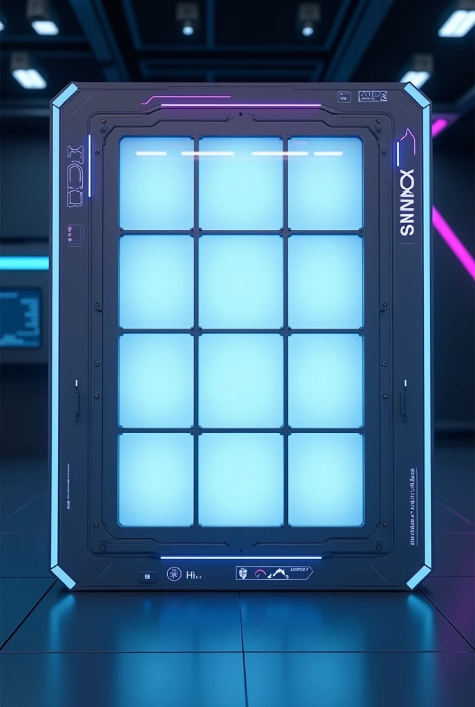 Create an image of a futuristic board with blue and purple colors are white sub-squares to put information on it 