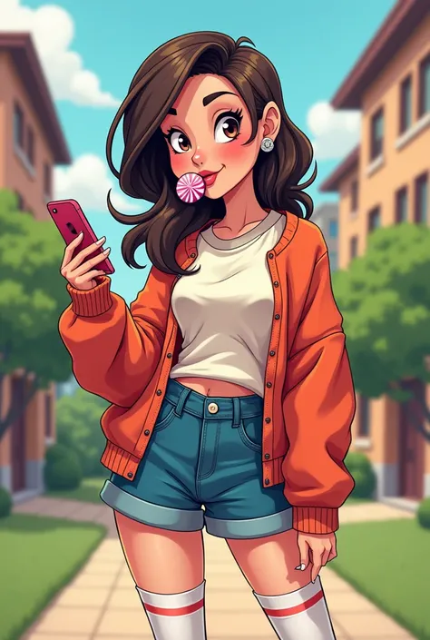 A cartoon image of a white sassy college girl holding an iPhone taking pictures with lollipop in mouth wearing aesthetic fashionable college themed clothing something like mini skirt long socks and long sleeved shrug sweaters.