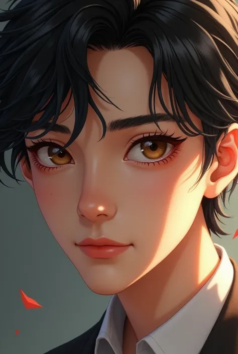 Handsome teenager, man, With black hair, honey colored eyes,  long eyelashes ,  animated,  white skin ,  from a distance  ,  with a black mole under his eyelid