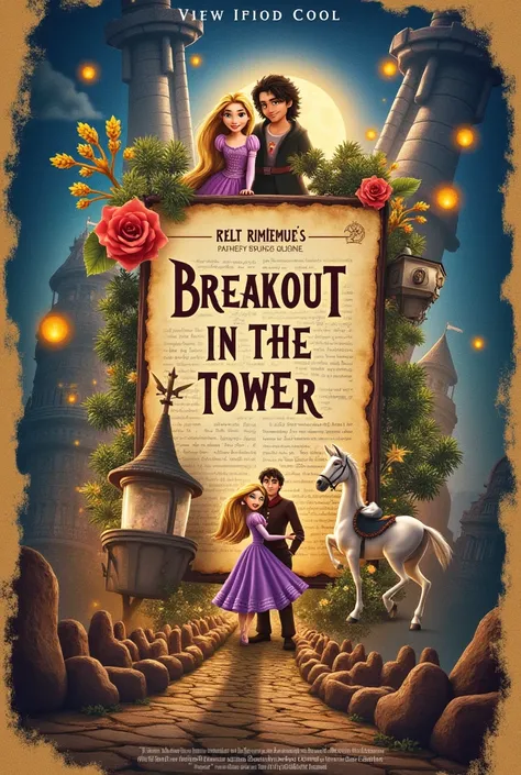 

 Image elements :

1. text "Breakout in the Tower":

 Large black and white sign ,  highlighting the escape from the tower ,  an important event in the plot of Curled .



2.  Newspaper news :

 Textured background with fictitious headlines that simulate...