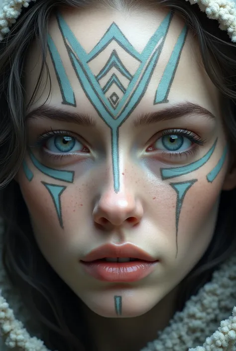 A hyper-realistic womans face with simple facial markings.  The marks are part Viking , part science fiction .  They are of a single color and high contrast against her Caucasian skin.  The patterns are symmetrical and must be read from a distance ,  so th...