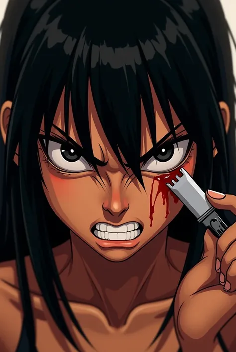  The face of a woman with brown skin, with dark eyes, straight black hair, with angry expression, with blood on her cheek and one hundred ,  with a razor near her face , animation style  