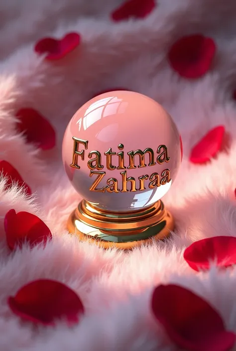 Limage contient le nom Fatima Zahraa en trois dimensions, joliment placé sur un tissu en fourrure rose, et à côté se trouve une boule de cristal avec une base circulaire en or, illuminée. Le reflet de la lumière sur le nom se propage autour des feuilles de...