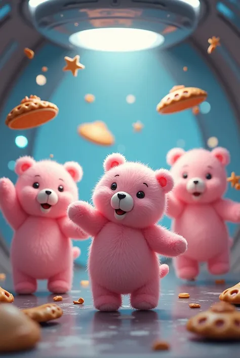 Small pink bears throw pies inside UFO vehicle.