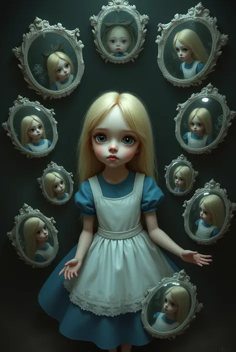 Draw Alice from Wonderland surrounded by mirrors in a dark place
