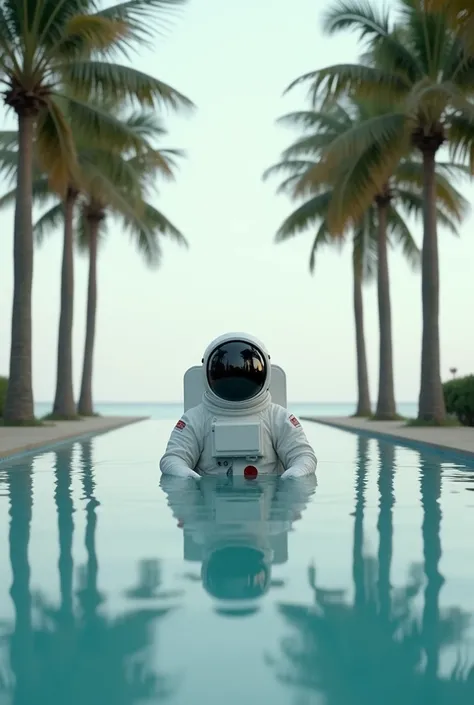 This image shows a surrealistic scene with an astronaut floating in a calm, reflective swimming pool of water.Half of his body above the water, the astronaut is dressed in a thick white spacesuit, his face covered by a large, reflective helmet that conceal...